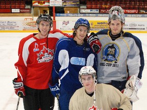 Four Ontario Hockey League players home for the holidays reunited with skills and skating coach Dan Selin for a workout Monday morning at Memorial Gardens. From left Brett Hargrave, with the Sarnia Sting, Danny Desrochers, Sudbury Wolves, goalie Kenny Appleby, Oshawa Generals, and Dylan Staples, Soo Greyhounds, in front.