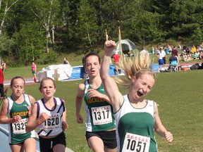 Alexandria Smuland, of Confederation Secondary School, celebrated her victory in the junior girls 3,000-metre race at the local high school track and field championships at the track at Laurentian University on May 23. 
Sudbury Star file photo