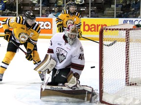 Guelph Storm goalie Garret Sparks watches as a slap shot from Sarnia Sting forward Reid Boucher (not pictured) gets past him to open the scoring while Sting forwards Alex Galchenyuk, left, and Charlie Sarault, right, wait on the doorstep during the first period Friday, Dec. 14, 2012 at the RBC Centre in Sarnia, Ont. (QMI Agency/PAUL OWEN)