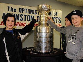 Ryan Hayter, Connor Cumming and Jack Denkers pose with the Stanley Cup at the Brooke-Alvinston-Inwood Community Centre, Saturday, Dec. 29. The eight-year-olds are members of the Novice A East Lambton Eagles. TARA JEFFREY/THE OBSERVER/QMI AGENCY