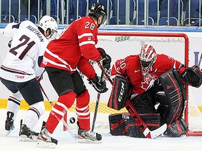 Belleville Bulls goalie Malcolm Subban makes a save for Team Canada during Sunday's 2-1 win over the U.S. at the 2013 World Junior Championships in Ufa, Russia. (Andre Ringuette/HHOF/IIHF.)