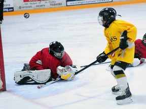 Trent Clinton, of the Bruins, sees his shot flip up over Flames goalie Carter Sampson in the novice final of the Centennial Sports Club's annual Christmas house league hockey tournament. This one didn't go for Clinton but he scored three goals to lead the Bruins to a 7-3 victory Sunday afternoon at the Timken Centre.  R. MARK BUTTERWICK / St. Thomas Times-Journal / QMI AGENCY