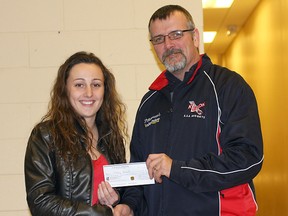 The Kirkland Lake Minor Hockey Association recently held its Christmas Draw. In the above photo, KLMHA President Stephane Leveille presents Shaye Beach with a cheque for $2500.