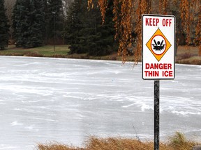 A sign warns of thin ice/QMI Agency file photo