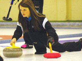 Sudbury skip Tracy Horgan delivers a rock in a 7-6 Ontario Scotties Tournament of Hearts championship upset win over the previously undefeated Rachel Homan in Kenora Sunday, Jan. 29, 2012. 
FILE PHOTO/Daily Miner and News