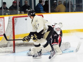 Trenton Golden Hawks' Greg Trichilo beats Stouffville Spirit goalie Peter Vigneux during the Hawks' 8-2 win Dec. 23 at the Community Gardens. The Hawks' home-ice win streak now stands at eight games, and they play three games at the Gardens this weekend, starting Friday at 7:30 p.m. against the Aurora Tigers.