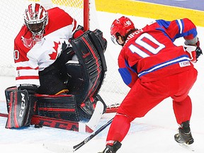 Belleville Bulls netminder Malcolm Subban stares down a Russian forward during WJC contest between Team Canada and Team Russia on New Year's Eve in Ufa, Russia. (Mark Blinch/Reuters)