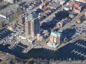 The Tall Ships Landing condominium development taking shape on Brockville's waterfront is viewed from the air in this Recorder and Times file photograph.