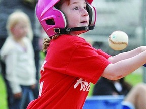 Alivia Chambers swings for the fences during the learn to play program session at Clear Vista School’s diamonds June 4. Wetaskiwin sports and recreational fields were teeming with a variety of sports throughout the month.