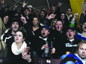 A loose collective of fans calling itself "The Horde" has become a fixture at Brockville Tikis games this season. The group is pictured during last Friday's Tikis' win over the Gananoque Islanders at the Memorial Centre. (STEVE PETTIBONE/The Recorder and Times)