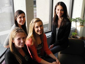 Queen's University roommates, from left, Rachel Albi, Sarnia's Erica Gagne, Jessica Jonker and Amanda Smurthwaite started the Facebook profile Queens U Compliments. The concept has since spread to about 100 other schools. QMI AGENCY