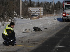 At about 2 p.m. Jan. 2, 2013 two vehicles collided as they travelled on Highway 66 just east of GM City. The pick up truck had a large portion of metal torn from the box of the truck and the passenger vehicle lost a wheel and ended up in the westbound ditch, some distance from the pick up truck. The Kirkland Lake OPP are investigating the cause of the collision. The local ambulance service and Kirkland Lake Fire Services attended the scene and assisted police.