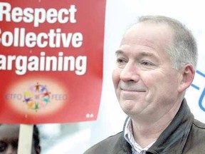 Merlin Leis, local president of the Elementary Teachers Federation of Ontario, speaks to the media in Stratford Central at a one-day walkout from Avon Maitland District School Board schools last month. (SCOTT WISHART, The Beacon Herald)