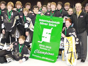 The Rushnell Funeral Centre Quinte West Major Bantam Hawks captured the Regional Silver Stick championship last weekend in Brampton. Team members, include, front row from the left: Jaydon Hamilton and Tyler Freeman; Middle row: head coach Tim Neron, Reilly Sheil, Josh Hogan, Robby Ellis, Justin Lewis, Adam Blakely, Andrew White, Matt Miller, assistant coach Ted Sheil, coach mentor Tanner Neron; Back row: trainer Gary Hamilton, Matt Tedford, Ethan Coens, Nick Jones, Mason Hum, Dawson Whyte, Connor Taylor(AP), and trainer Blair Freeman.