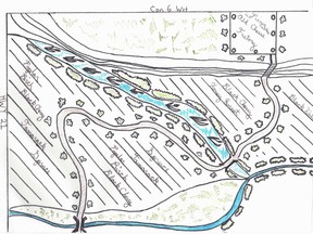 A hand-drawn map of the new Pine River Watershed Initiative Network shows the loop trail leading from the site of the former Pine River Cheese factory across the Pine River. The project recently received a $25,000 government grant to see the project constructed in 2013. (SUBMITTED)