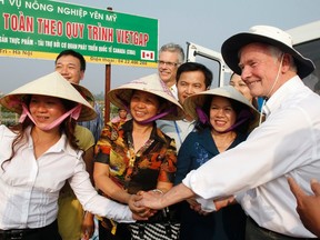 Governor General David Johnston (right) poses for a photo with Vietnamese farmers during his visit to a field in Yen My village, outside Hanoi, in this photo from November 2011. The village has been receiving assistance from the Canadian International Development Agency (CIDA) to produce clean vegetables. The Harper government's latest aid strategy will see CIDA working with private-sector companies abroad to accomplish its development goals while advancing Canada’s economic interests.
