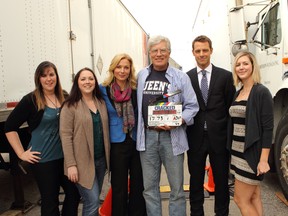 Peter Raymont is pictured with cast and crew, from left, Queen’s grad Kristina Small, Queen’s grad Alex Mircheff, Stephanie von Pfetten, Sutcliffe, and Queen’s grad Maggie McCormick. (Courtesy Peter Raymont)