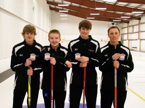 From left to right: Skip Sean Davidson, third Micah Zacharias, second William Pallister, and lead Brendan Moon got off to an 0-2 start at the Junior Provincial Championships in Brandon (Submitted Photo)