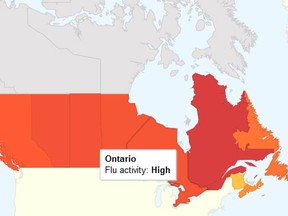 Google's Flu Trends map of Canada as of January 3, 2013.