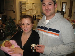 Ava Jane Bauslaugh was the first  baby of 2013 born at Norfolk General Hospital  to proud parents Amanda, 26, and Aaron Bauslaugh, 28, of Simcoe.  (SARAH DOKTOR Simcoe Reformer)