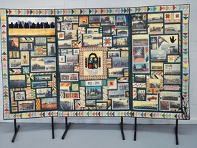 A group of about 25 quilters spent more than 2,000 hours over the span of about a year to create the Vulcan centennial quilt. Historic photographs were gathered and printed on special fabric to make the quilt. It will be on display at the Vulcan County administration building this month. Afterwards, in the months leading up to Vulcan’s centennial celebration in August, the quilt will be moved to different buildings and businesses around town. 
Stephen Tipper/Vulcan Advocate