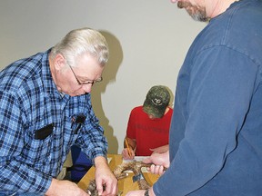 Doug McIntyre, the Vulcan Fish and Game Club and Gun Club’s treasurer, measures a white tail deer antler with help from club member Jason Block while James Rawleigh jots down the measurements. The club held its annual measuring day on Saturday at the Vulcan Legion’s basement. On Feb. 2, the club’s annual Trophy Night and Banquet will take place at the Cultural-Recreational Centre starting at 6:30 p.m. Tickets are limited and cost $20 but children ages 10 and under get in free of charge, although they still need to be booked. Call Duane Mix at 403-485-6464 or Margaret McLean at 403-897-0008 to reserve your tickets.