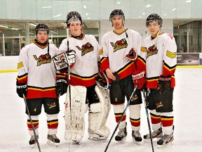 KARA WILSON, for The Expositor

Representing the Paris Mounties in the all-star game as members of Team West are Jordan Kerr (left), Andrew Masters, Mathew Small and Cole Cummings.