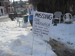 A 'Photo to the editor': Regular contributor Rose DeShaw posted this sign outside her house today, hoping someone who knows where the sidewalk has gone will come forward.