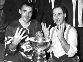Norfolk native Red Kelly, right, was a member of the Toronto Maple Leafs when the team last won the Stanley Cup in 1967. Kelly, 85, said Monday he's thrilled for hockey fans that NHL owners and players have been able to salvage some semblance of a season with an 11th-hour contract agreement this weekend. At left is the "Big M" Frank Mahovlich. (QMI File Photo)