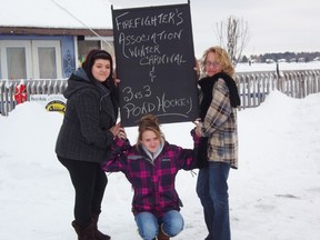 The Long Sault Marina Restaurant will be the destination for the Firefighter’s Association Winter Carnival on Feb. 2. The carnival will have a number of games and events for families. From left are Miranda Hickman, volunteer, Alicia Larin, volunteer, and Audrey Dante-Hickman, organizer.