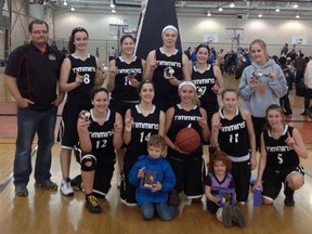 The Timmins Selects won the gold medal at the annual Scarborough Youth Basketball Association U-16 Girls Basketball Tournament over the weekend. Back row, from left, are: Head Coach Laurent Gilbert, Melissa Poliquin, Melanie Marin, Cassidy Sabourin, Desiree Groulx and Cassandra Desrosiers. In the centre row are Megan Roy, Krysta Beaudry, Kayla Deschatelets, Melissa Lacasse and Kim Caron. In the front row are Nicolas and Annick Gilbert (water boy and water girl).