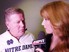 Notre Dame football coach, Brian Kelly, with ESPN sideline reporter, Heather Cox. (ESPN.com)