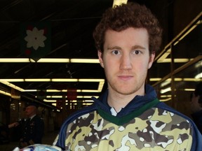 Nipissing Lakers’ goaltender Dan Spence has a special helmet ready to go to match the jersey he’ll be wearing Friday night at the third annual Support the Troops game against the RMC Paladins.