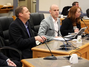 Representatives for IAMGOLD's Côté Gold mining project were at city council to discuss developments for the mine's operations, which are slated to run from 2017 to 2032. By the construction phase, sometime in 2015, up to 1,000 jobs are expected to be created. The representatives were, from left, manager of environmental services Dave Brown, manager of corporate environmental assessment and approvals Steve Woolfenden, manager of corporate social responsibility Aaron Steeghs, and AMEC environmental consultant Mary Kelly.