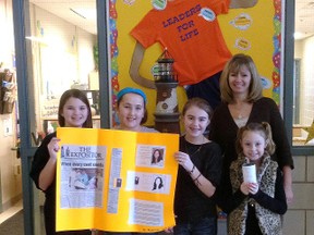 Submitted Photo

Ryerson Heights School principal Lisa VanLeeuwen poses with students Molly Seib (left), Jayden Jug, Mackenzie Ladesic and Rylee Ladesic, who helped raise more than $600 for the Stedman Community Hospice. The students were inspired by an Expositor story that was part of a three-part series on philanthropy.