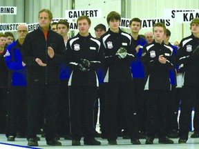 The Sean Davidson rink at the opening ceremonies of the Canola Junior Provincial Championships last weekend in Brandon. From left to right: lead Brendan Moon, second William Pallister, third Micah Zacharias, and skip Sean Davidson. (Courtesy of Gord Zacharias)