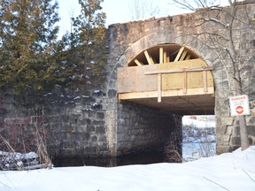 Cribbing has been put in place to protect the bridge’s arch until work can be done to save the 140-year-old structure that spans the Spey River.