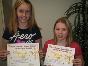 Autumn Hagyard, 12,  of Simcoe and Annaleise Carr, 14, of Walsh, show off their certificates after being nominated for the 2012 Ontario Junior Citizen of the Year Award from the Ontario Community Newspapers Association. Winners for the award will be announced on Jan. 25. (SARAH DOKTOR Simcoe Reformer)
