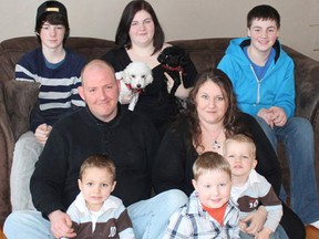 The newly expanded Sorrell family: featuring (back row) Curtis, Courtney, and Cameron, (middle) Jamie and Susan, (front) Joshua, Jamieson and Nathaniel at their home in Elliot Lake. Photo by JORDAN ALLARD/THE STANDARD/QMI AGENCY