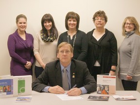 Erin Steele/R-G

National non-smoking week is coming up January 20 to 26. Here Alberta Health Services Addiction Services employees gather for the official proclamation signing with Mayor Lorne Mann (sitting). From left Keltie Hatfield, Karissa Schuler, Pam Simon, Liz Daigle and Barb Johnson.