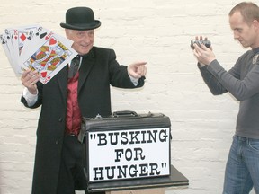 Magician Marien Hopman of Chatham will be busking throughout the municipality on Jan. 18 in a bid to raise at least $500 for the Outreach For Hunger food bank. His son, Jeffrey, is recording the event and will make a documentary called Busking For Hunger that will be entered into the Chatham-Kent Film Festival.