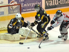 Abitibi Eskimos defender Kevin Walker moves the puck from in front of the Eskis net against the Soo Thunderbirds. The two teams will clash this Friday night as NOJHL actions returns to the Archie Dillon Sportsplex.