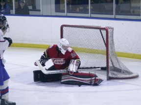 Airdrie Thunder goaltender Kade Taplin turns aside one of the 47 shots he faced on Friday in his return to the team after two months out with a knee injury. Taplin made 44 saves in a 4-1 Thunder loss to the Mountainview Colts at the Ron Ebbesen Arena.
CHRIS SIMNETT/AIRDRIE ECHO