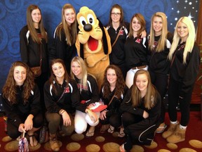 The Northern Vikings senior girls basketball squad poses with Pluto while at the KSA Holiday Classic tournament at Disney World in Florida. Back row (L-R): Mckinley Carey, Lauren Handy, Melissa Ellis, Claire Dechet, Sarah Goodman, and Kaitlyn Mahu. Front row: Hannah Earle, Cassidy Crowe, Lexi McShea, Brianne Ferguson, and Karoline Adamski. (Submitted photo)