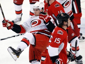 Carolina Hurricanes’  Zach Boychuk celebrates his second career NHL goal against the Ottawa Senators in December 2010. Boychuk leads the American Hockey League’s Charlotte Checkers in scoring this season and now the NHL lockout is over, is hoping he can keep up his torrid play with the Hurricanes.
BLAIR GABLE/REUTERS FILE PHOTO