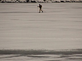 Slushy conditions on Trout Lake didn't deter this lone cross-country skier from making his way. That may not be true by the weekend when temperatures are expected to rise to 7C by Saturday.