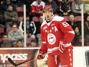 Soo Greyhound Ryan Sproul (55) looks down ice during first period. (Rachele Labrecque/Sault Star)