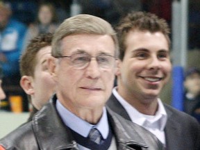 Former Kingston Frontenacs coach and general manager Jim Morrison joins former players and team personnel on the ice during a pre-game ceremony before the team’s final game at the Memorial Centre on Feb. 15, 2008. (Whig-Standard file photo)