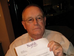 Mike Bollert, director of hockey operations for the Norfolk Rebels, holds the letter his club received from town hall, saying the team no longer qualifies for lottery fundraising licences. Other teams in the county have also received the letter. (DANIEL R. PEARCE  Simcoe Reformer)