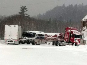 Highway 17 at Montreal River, north of Sault Ste. Marie, is closed due to a transport-trailer crash. Weather is deteriorating, OPP warns, expect delays.
OPP Photo